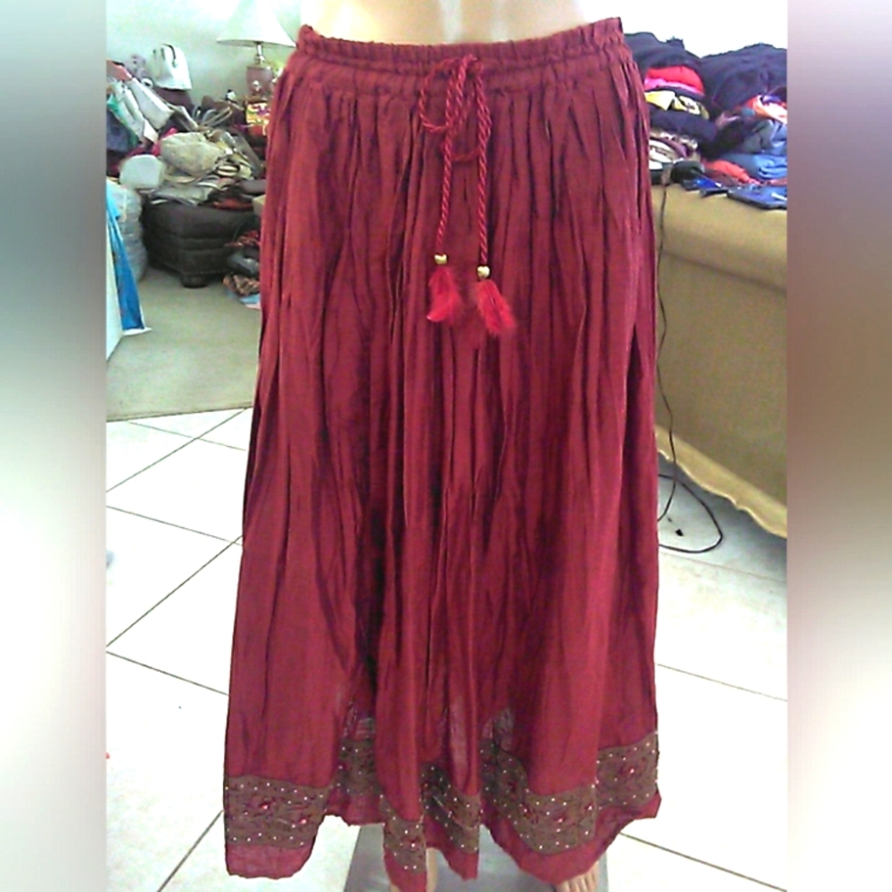 VINTAGE SILK Red Smocked Tie Front Maxi Skirt W/ EMBROIDER TANTRUMS COLLECT. MED